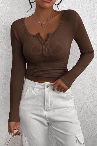 PRETTYGARDEN Women's 2025 Summer Fall Long Sleeve Henley T Shirts Button Ribbed Knit Slim Fit Casual Basic Tops Blouse thumbnail 3