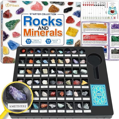 PIBEX Rock Collection Starter Kit - 54 Pcs Assorted Gemstones, Crystals, Rocks & Minerals, with Learning Book & ID Cards, Earth Science Kit Toy, A Geology Gift for Kids & Adults Ages 8+ - Image 1