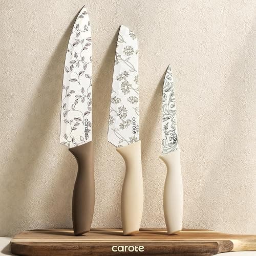 CAROTE 12PCS Knife Set, Kitchen Knife Set with 6 Blade Guards, Stainless Steel Knives Set With Nonstick Ceramic Coating, Rustproof, Delicate Floral Designs, White thumbnail 8