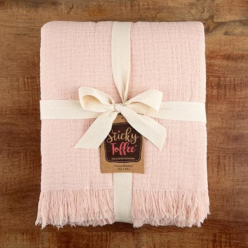 Sticky Toffee Blush Pink Muslin Throw Blanket with Fringe, Oeko-Tex Cotton Muslin Blankets for Adults, Soft Lightweight and Breathable for Couch Bed or Sofa, 50 in x 60 in - Muslin Blush Pink thumbnail 2
