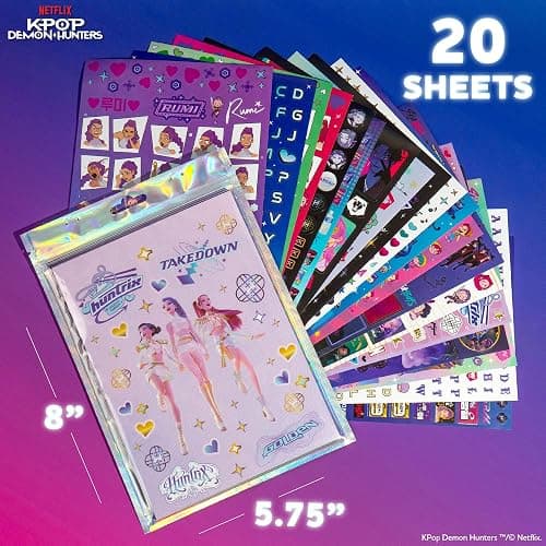 Netflix Kpop Demon Hunters Sticker Sheets Pack 1500+ Stickers for Kids, 20 Sheets with Letters, Characters & Scenes, Kawaii Stickers in Resealable Bag for Scrapbooking, Planners, Gifts for Girls thumbnail 2