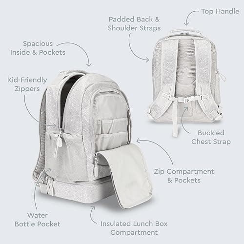 Bentgo Kids 2-in-1 Backpack & Insulated Lunch Bag - Glitter Designed 16” Backpack for School & Travel -, Durable, Water Resistant, Padded, & Large Compartments (Glitter Edition - Silver) thumbnail 3