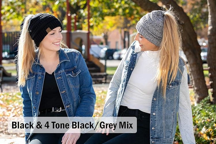 Funky Junque Ponytail Beanie for Women - Winter Ponyback Hat Soft Stretch Cable Knit High Pony Tail Womens Running Hats thumbnail 4