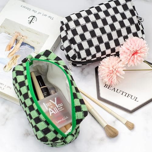 PAZIMIIK Checkered Makeup Bag for Purse Portable Zipper Make Up Pouch Small Cosmetic Case for Travel Accessories (Green Black) thumbnail 2