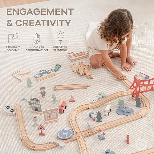 Comfy Cubs 100-Piece Wooden Train Set for Toddlers Ages 1+, Fun & Eco Friendly Toddler Train Set with Wooden Toy Tracks - Creative Toy Town Promoting Imaginative Play with Flexible Configuration thumbnail 5