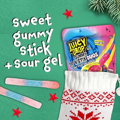 Juicy Drop Gummy Dip 'N Stix Assorted Christmas Candy Variety Pack, Sweet Gummy Sticks W/ Sour Dipping Gel, 8Ct, Sour Candy Pack for Party Favors, Stocking Stuffers, Kids Gifts thumbnail 5