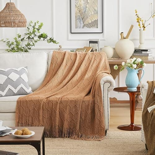 KASYLAN Diamond Knitted Throw Blanket Textured Solid Soft Sofa Throw Couch Knitted Decorative Blanket（Almond，50x60 inches） thumbnail 2