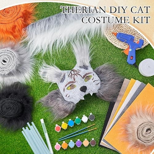 Seenelling 33 Pcs Therian DIY Mask Kit for Beginners Including Blank Cat Mask Faux Fur Fabric Felt Fabric Plastic Mesh Sheet(Warm Colors) thumbnail 3