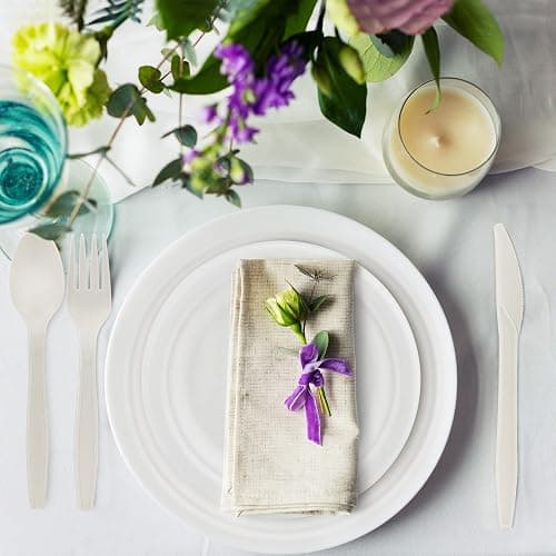 250 Piece Biodegradable Paper Plates Set (EXTRA LONG UTENSILS), Disposable Dinnerware Set, Eco Friendly Compostable Plates & Utensil include Plates, Forks, Knives and Spoons for Party thumbnail 2