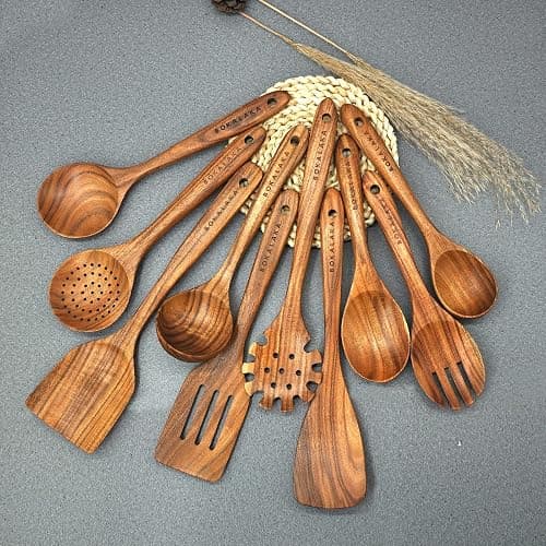 Wooden Spoons for Cooking,10 Pcs Natural Teak Wooden Kitchen Utensils Set Wooden Utensils for Cooking Wooden Cooking Utensils Wooden Spatulas for Cooking (10) thumbnail 2