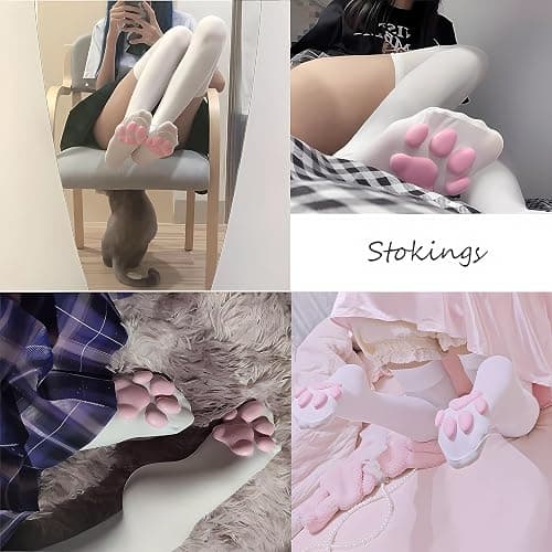 Cat Paw Thigh High Socks Golves, Cute Soft 3D Toe Beans Socks Mittens Kitten Claw Pad Socks for Girl Women Cosplay Set… thumbnail 4