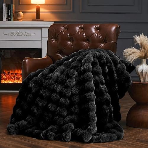 PLUUSHUU Faux Fur Throw Blanket for Couch, Fluffy Fuzzy Plush Bubble Blanket, Soft Warm Cozy Shaggy Rabbit Blanket, Luxury Decorative Gifts for Sofa Bedroom Living Room, 60x50inch (Black) - Image 1