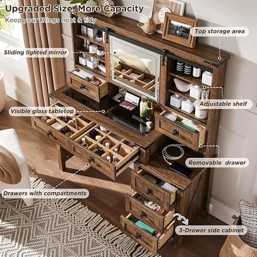 T4TREAM 48'' Farmhouse Makeup Vanity Desk with Sliding HD Mirror and Lights, Big Modern Lighted Vanity Table with 7 Drawers & Shelves, Rustic Large Dressing Table for Bedroom, Reclaimed Barnwood thumbnail 3