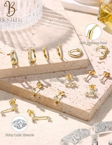 BESTEEL 7Pairs Hypoallergenic Gold Earrings for Women Trendy Small Stud Huggie Hoop Earing Stacks Set Cute Cartilage Helix Jewelry for Sensitive Ears Silver Dainty Christmas Earrings Gifts thumbnail 6