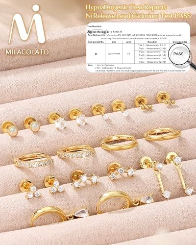 MILACOLATO Hypoallergenic Flat Back Earrings 14K Gold Plated Cartilage Earring Sets for Multiple Piercing 20G Surgical Stainless Steel Earrings for Women Trendy Earring Stacks Small Hoop Flatback Stud Earrings thumbnail 5