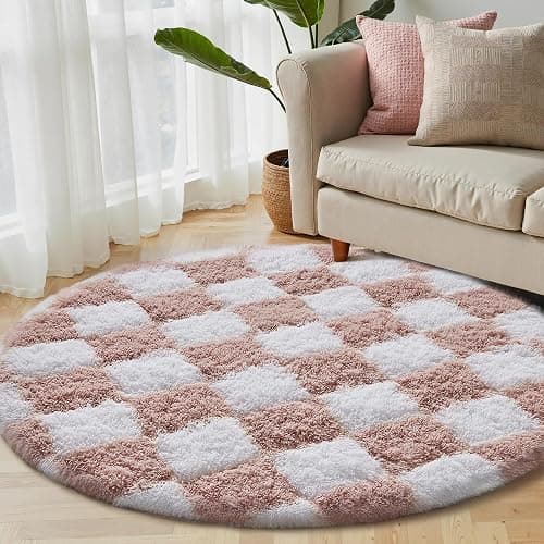 PureCozy Checkered Rug 4x4 for Living Room, Pink and White Modern Shag Rug Super Soft Washable Indoor Fuzzy Carpet Non-Slip Fluffy Rugs for Bedroom Home Aesthetic Decor thumbnail 3