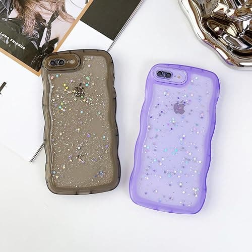 Qokey for iPhone SE & 8/7 Case - Cute Clear Glitter Curly Wave Design, Transparent Bling Shiny Protection Soft TPU Shockproof Phone Cover for Women & Girls thumbnail 6