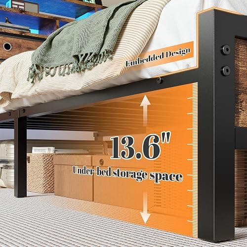 Homkdom Queen Bed Frame with 4 Drawers, Charge Station & LED Lights, Brown | Storage Headboard with 3-tier Shelves, Heavy-duty metal loads 880lbs, Noise-free, No box spring needed, Easy assembly thumbnail 4