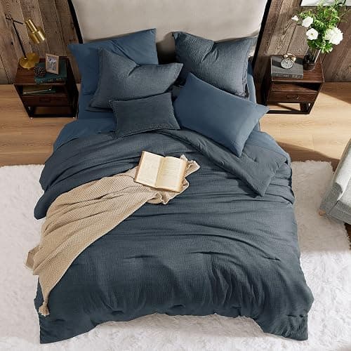 Geniospin Twin Comforter Set - 5 Pieces Comforter Twin Size, Solid Bedding Sets for All Season, Textured Bed in a Bag with Flat Sheet and Fitted Sheet, Pillowcases and Shams (Navy Blue, 66''x86'') thumbnail 8