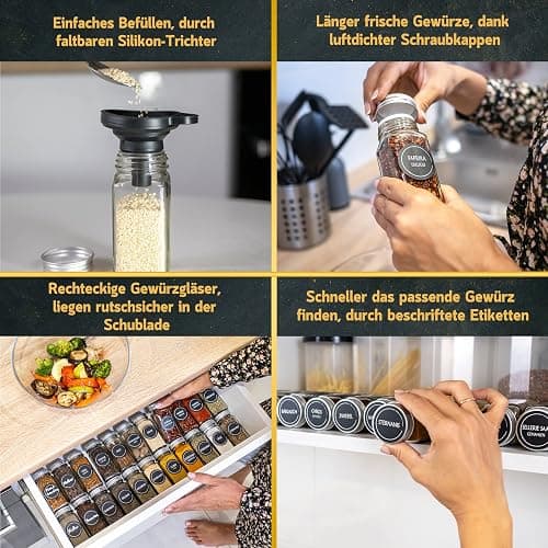 Cuccinara® 24 Gewürzgläser Eckig 120ml mit 210 Etiketten, Aluminiumdeckel & Streueinsätzen (grob & fein) - Luftdichte Gewürzdosen inkl. Trichter, Permanentmarker & Bürste - Spülmaschinenfest thumbnail 4