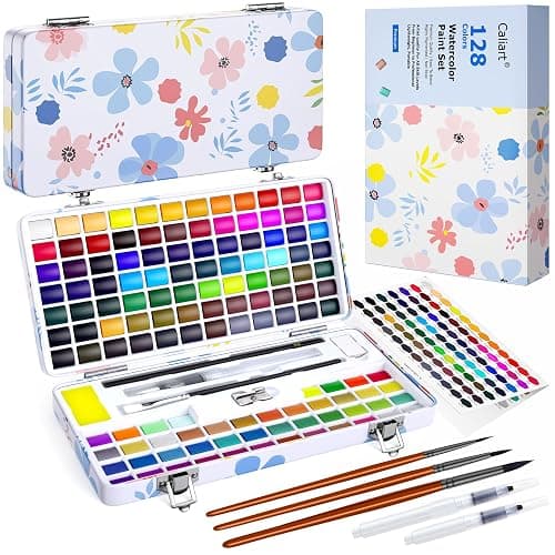 Caliart 128 Colors Watercolor Paint Set, Portable Art Supplies Palette Kit | Water Color Paints with Detail Paintbrush, Art Coloring Painting Gifts for Adults Professionals Beginners Artists - Image 1