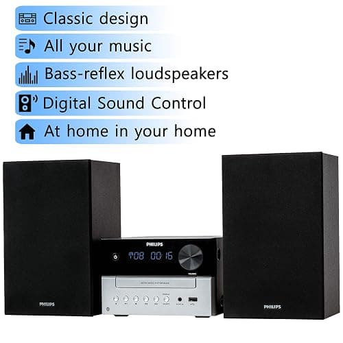 Philips Bluetooth Stereo System for Home with CD Player for Home, Wireless Streaming, MP3, USB, Audio in, FM Radio, 15W, Micro Music Sound System thumbnail 2
