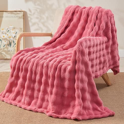NEWCOSPLAY Throw Blanket for Couch Coral Pink Super Soft Flannel Fleece 3D Bubble Lightweight Bed Blanket All Season Use (Coral Pink, Throw(50"x60")) thumbnail 9