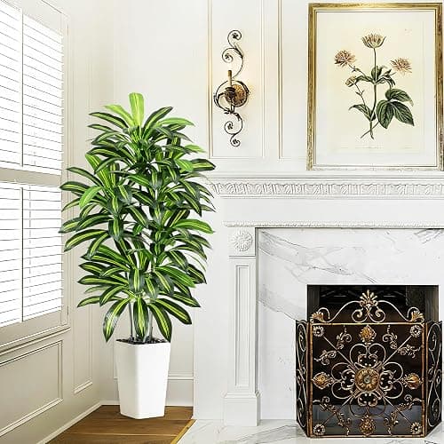 Artificial Dracaena Tree - 5FT Tall Fake Plants with White Tall Planter - Artificial Plants Indoor Floor Plant in Pot - Large Tropical Fake Yucca Potted Tree for Home Office Living Room Decor thumbnail 9