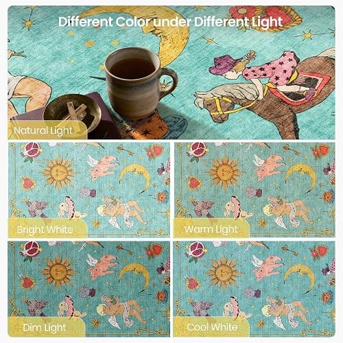 Kokia 8x10 Celestial Sun Moon Unique Fresh Turquoise Soft Washable Area Rug | Low Pile Non-Slip Carpet with Vintage Whimsical Boho Decorative Pattern; Cottagecore Style for Living Rooms or Large Bedrooms thumbnail 9