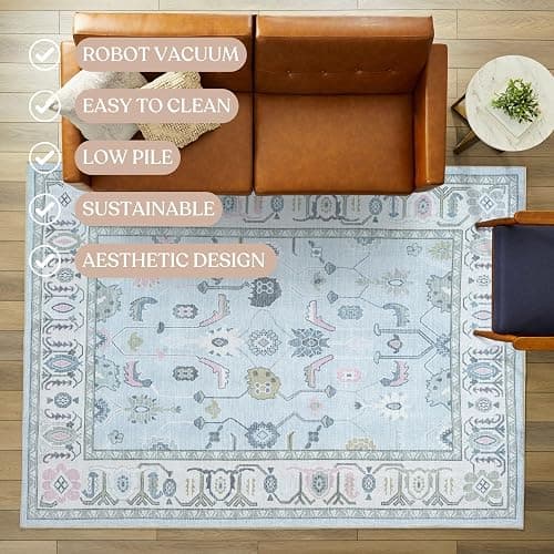 Fame Living Cream Blue Oushak Rug, Modern, Vintage, Turkish, Eclectic, Floral, Pastel, Washable, Area Rugs for Living Room, Dining, Bedroom, Office, Entryway, Foyer, Playroom, Nursery, 5'x6'9" thumbnail 3