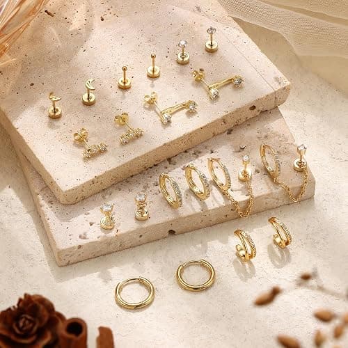 Florideco 14K Gold Plated Earrings for Women Hypoallergenic 20G Surgical Stainless Steel Flat Back Stud Earrings Dainty Stackable Earring Stacks Small Cartilage Earring Sets for Multiple Piercing thumbnail 5