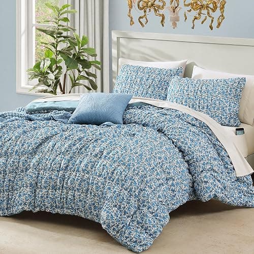 BLOOMHAVEN Queen Comforter Set - 7 Pieces Blue Classic Puff Floral Bedding Sets for All Seasons, Shabby Chic Farmhouse Bed in a Bag Queen with Wildflowers Fluffy Comforter, Sheets, Pillowcases & Shams - Image 1