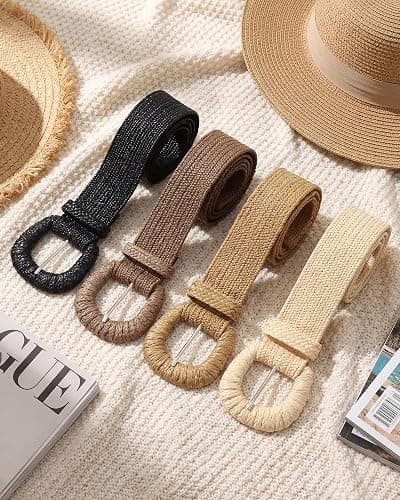 WILLBOND 4 Pcs Women Stretch Wide Straw Belt | Boho Raffia Woven with Rattan Buckle, Elastic Stretchy Waist Belt for Dresses Jeans Pants, Summer Beach Casual Outfits thumbnail 6