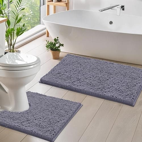 LuxUrux Bathroom Rug Set 2 Piece, Soft Absorbent Cheinlle Microfiber Bath Mat with Contour Toilet Rug, Non-Slip, Machine Wash Dry, Plush Shaggy Mats for Bathroom (20"x 30"+20"x 20" U-Shaped Gray) - Image 1