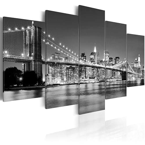 murando - Wandbilder XXL New York City 200x100 cm 5 tgl Wand Deko Leinwand Bilder Groß Wanddeko Wohnzimmer Bild Schlafzimmer Kunstdrucke - Skyline Brooklyn Bridge Stadt Nacht Manhattan Grau 030211-51 thumbnail 7