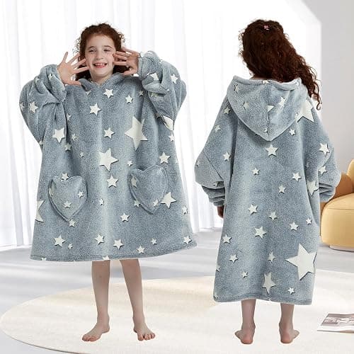 Mewkou Wearable Blanket Hoodie for Kids Oversized Sherpa Blanket Hoodie for Kids Boys Girls Teens 6-13YR,Glow in The Dark Star - Kids 6-13YR - Dark Gray thumbnail 2