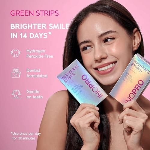 InoPro Teeth Whitening Strips 14 Treatments Kit - Enamel Safe Teeth Whitener, Peroxide-Free, Green White Strips for Teeth Whitening with Arbutin, Coconut Oil, Deep Stains Removal (28 Strips) thumbnail 4