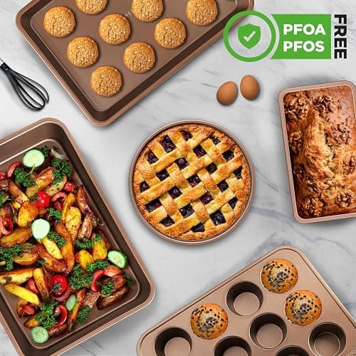 NutriChef 6-Piece Nonstick Bakeware Set, Carbon Steel Baking Pans Set, Includes Cookie Sheets, Wide & Square Bake Pans, Bread Loaf & Round Cake Pan, Muffin Pan - Gold thumbnail 4