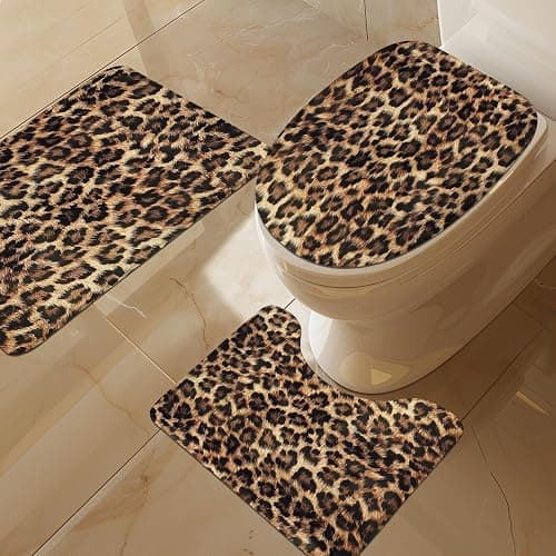 LIGHTINHOME 4 PCS Leopard Print Shower Curtain Set 72Wx72H,Toilet Lid Cover,Non-Slip Rugs and U-Shaped Mat,Wild Safari Cheetah Bathroom Sets with Rugs Shower Accessories 12 Hooks for Bathroom Decor thumbnail 4