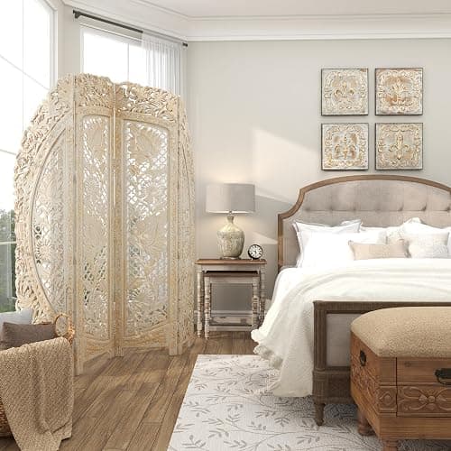 Deco 79 Wood Floral Handmade Foldable Arched Partition 4 Panel Privacy Screen with Intricately Carved Designs, Room Divider 60" x 2" x 72", White thumbnail 8