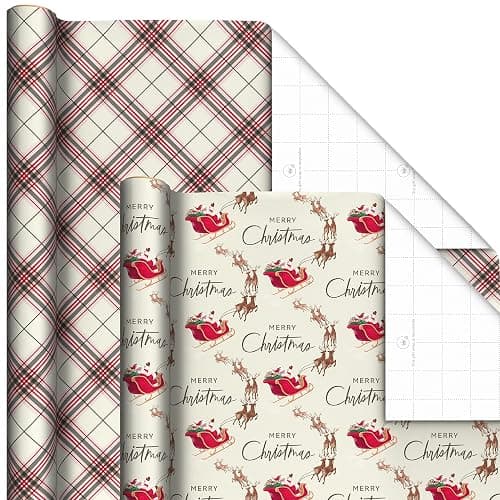 Hallmark Rustic Recyclable Christmas Wrapping Paper (6 Rolls: 180 Sq. Ft. Total) Red, White and Hunter Green Plaid, Poinsettias, Snowflakes, "Merry Christmas," Snowman, Santa thumbnail 6