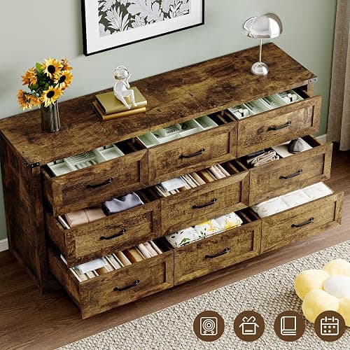 BORNOON 9-Drawer Dresser for Bedroom, Modern Wooden Chest of Drawers with Metal Handles, Anti-Tipping Design, Sturdy and Stable Storage Organizer for Living Room, Entryway, Home Office thumbnail 4