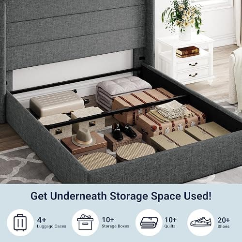 Allewie Queen Size Lift Up Storage Bed, Modern Wingback Headboard, Hydraulic Support, No Box Spring Needed, Dark Grey thumbnail 3