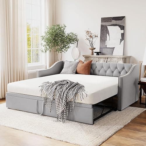 Girls guest GOTwin Size Upholstered Daybed with Pop Up Trundle, Twin to King Size Day Bed, Trundle Can Be Flat Or Erected, Extendable Daybd(Gray-DB) - Gray-db - Image 1
