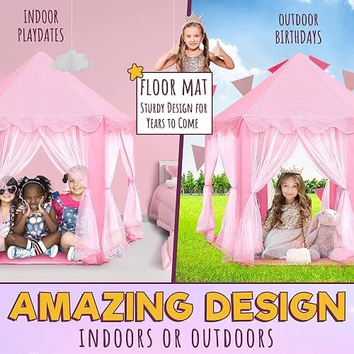ORIAN Princess Castle Playhouse Tent for Girls with LED Star Lights – Indoor & Outdoor Large Kids Play Tent for Imaginative Games – ASTM Certified, 230 Polyester Taffeta. Pink 55"x53". thumbnail 7