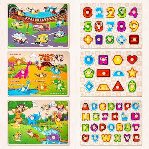 SYNARRY Wooden Puzzles for Toddlers 1-3, 6XSET Puzzles for Toddlers 2-4 with Rack, Learning Alphabet Number Shape Animal Dinosaur Vehicle, Education Toddler Puzzles Toys Gifts for 2 3 Years Boys Girls thumbnail 4