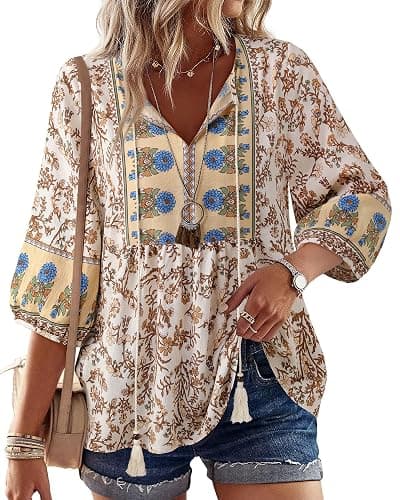 Vivilli Womens Summer Boho Babydoll Tops 3/4 Sleeve Pleated Peplum Blouses Casual V Neck Tie Front Fall Tunic Tops - Image 1