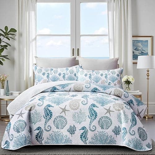 weesire Coastal Bedding Queen Size Coastal Quilt with 2 Shams, Nautical Beach Comforter Sets Ocean Bedspreads Blue Seahorse Coverlet Summer Bedding, 90''x96'' - Image 1
