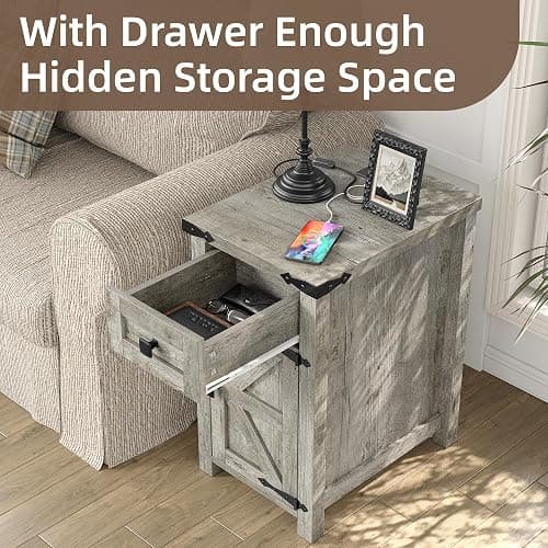 Furnihold Farmhouse Nightstand Set of 2, 13.8''W Rustic Wood End Table with Charging Station, Narrow Side Table with Storage Drawer for Living Room Bedroom, Oak Grey thumbnail 8