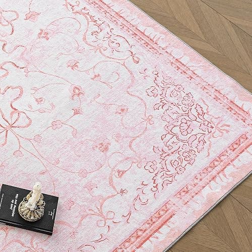 Pink Rug for Nursery Girl Bedroom 5x8 - Cute Bow Coquette Room Decor for Teen Girls Aesthetic,Washable Light Pink and White Cottage Core Floral Scalloped Rug for Dorm Room College Students Playroom thumbnail 6